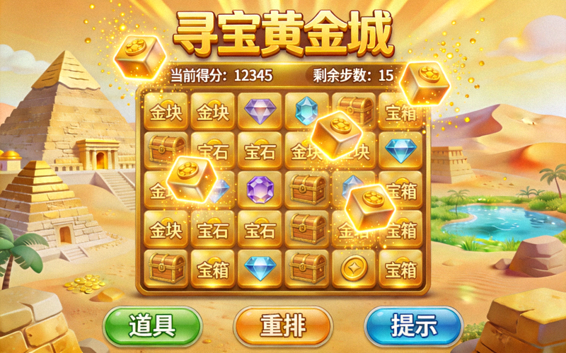 模拟消除类游戏寻宝黄金城金色消除方块界面