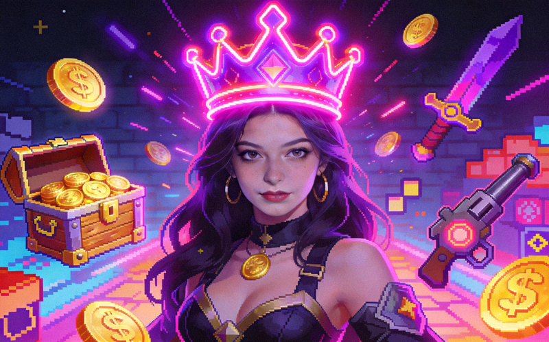 赏金女王游戏主题插画与霓虹皇冠元素